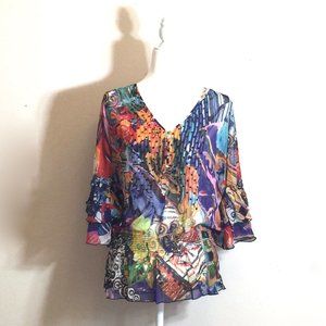 Alberto Makali  3/4 Sleeve Top, Elastic Cinched Waist, Size Large